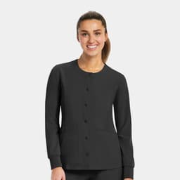 A black women's round neck snap jacket with long sleeves and front pockets, featuring a branding logo.