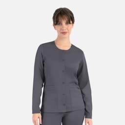 A women's round neck snap jacket in grey, featuring long sleeves and front pockets, with a logo.