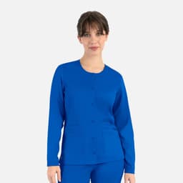 A women's round neck snap jacket in vibrant blue, featuring long sleeves and two front pockets. It has a logo.