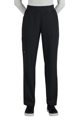 A pair of black boot cut pants with multiple pockets, featuring a logo on the side.