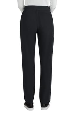 A pair of black boot cut pants viewed from the back, featuring an elastic waistband and side pockets.