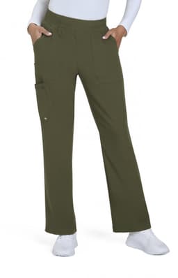 An olive green boot cut pant with pockets, featuring a stretchy waistband and a logo on the side.