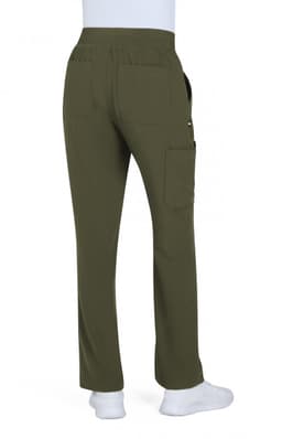 A pair of olive green boot cut pants with a pocket, viewed from the back, featuring an elastic waistband.