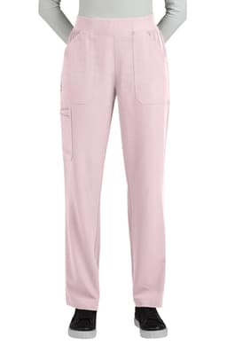 Boot cut pants in a soft pink colour with side pockets, featuring an elastic waistband and a logo on the front.