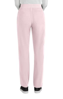 A pair of boot cut pants in a light pink colour, featuring an elastic waistband and back pockets.
