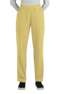 A pair of yellow boot cut pants with pockets, featuring a soft fabric and elastic waistband.