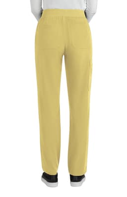 A pair of yellow boot cut pants is displayed from the back, featuring an elastic waistband and pockets.