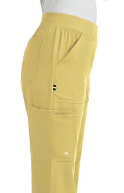 A pair of yellow boot cut pants with multiple side pockets, featuring a logo on one pocket.