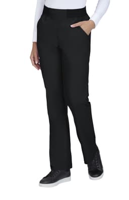 A pair of black pants with a straight leg design and side pockets, worn with a white top and black shoes.