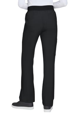 Black pants with a relaxed fit and elastic waistband, featuring a side pocket and worn with grey shoes.