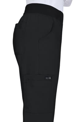 A pair of black pants featuring a side pocket, elastic waistband, and branding on the leg.