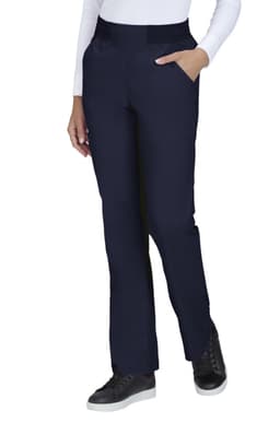 A pair of navy Wrenlee pants featuring a slim fit and side pockets, worn with a white top and black shoes.