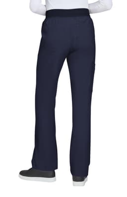 A pair of navy trousers with a waistband and a side pocket, shown from the back, with a person wearing a white top.