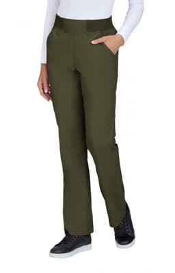 A pair of olive green pants with a fitted design and side pockets, displayed on a model.
