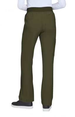 A pair of olive green pants with a stretchy waistband, featuring a logo, viewed from the back.