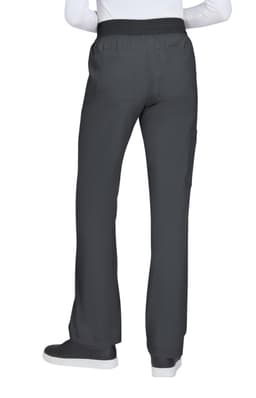 A pair of grey pants with a relaxed fit, featuring a waist band and back pockets, displayed from the back.