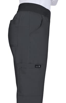 A pair of dark grey pants with a side pocket and a branding label on the leg.