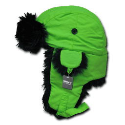 A neon green aviator hat featuring a fluffy black trim and pom-pom, with a tag attached.