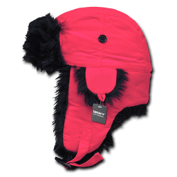 A Neon Aviator Hat in bright pink with black faux fur trim and an adjustable chin strap. Features a logo.