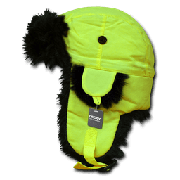 A neon yellow aviator hat featuring a faux fur trim and an adjustable strap. It has a logo on the tag.