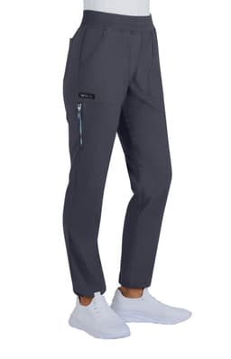 A pair of grey pants with pockets, featuring a logo, worn with white shoes.