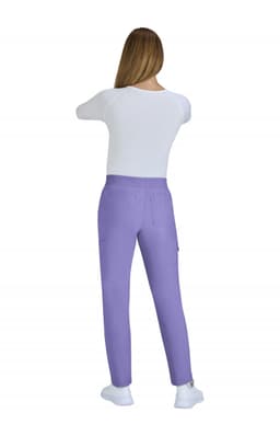 A pair of limited edition purple Harper pants displayed from the back, complemented by a white top.