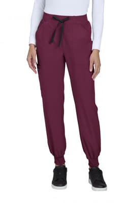 A pair of burgundy jogger pants with a drawstring waist and elastic cuffs, featuring pockets.