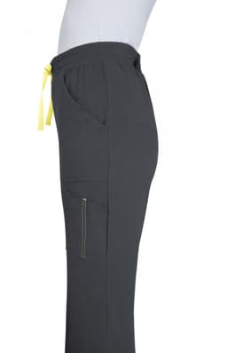 A pair of grey joggers featuring a side pocket and a yellow drawstring. It has a branded logo.
