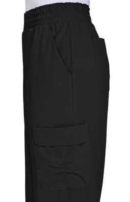 Ayla Pant in black featuring a comfortable elastic waistband and side pockets, including a cargo-style pocket.