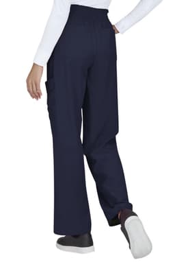 Navy blue pants with a relaxed fit and cargo pockets, worn by a model from a rear angle.