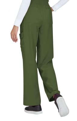 Ayla Pant in olive green, featuring a relaxed fit and side pockets, displayed from the back view.
