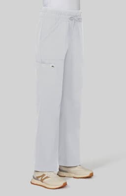 Wide leg pants in light grey with a drawstring waist and side pockets, paired with beige sneakers.