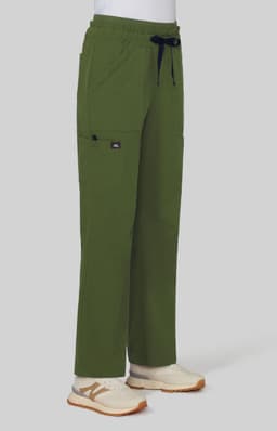 A pair of wide leg pants in olive green, featuring side pockets and a drawstring waistband, worn with light-coloured shoes.