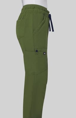 A pair of olive green wide-leg pants with side pockets and a waistband drawstring. The product has a logo.