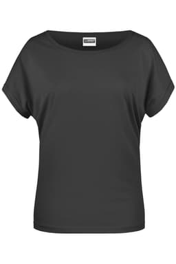 A black casual T-shirt with a loose-fitting design and short sleeves, featuring a logo on the label.