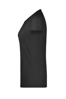 A black ladies' casual T-shirt featuring short sleeves and a fitted design. It includes a logo on the chest.