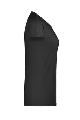 A black ladies T-shirt displayed from the side, featuring a fitted cut and short sleeves. It has a logo.