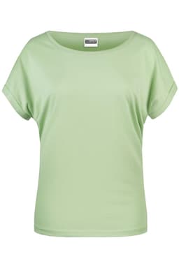 A light green ladies' casual T-shirt with a relaxed fit and rolled sleeves. Features a logo on the tag.