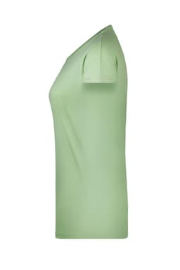 A light green casual T-shirt with short sleeves, featuring a fitted design and a logo on the side.