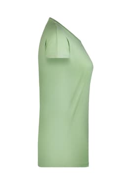 A light green ladies' casual T-shirt displayed from the side, featuring a fitted silhouette and short sleeves.