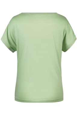 A light green casual T-shirt with short sleeves and a relaxed fit. The back view displays a simple design and a logo.