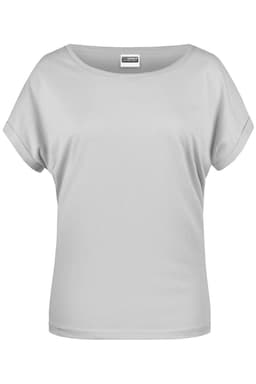 A relaxed-fit grey T-shirt with short sleeves and a rounded neckline. Includes a logo at the label.