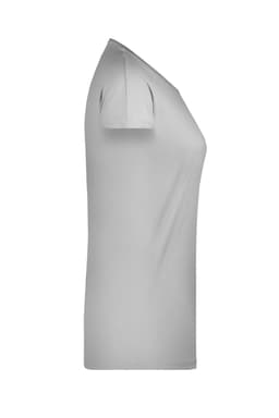 A light grey ladies' casual T-shirt displayed from the side with short sleeves, featuring a logo.