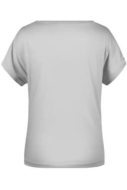 A grey casual t-shirt with short sleeves and a relaxed fit, featuring a logo on the back.