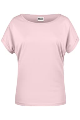A pink casual t-shirt with short sleeves and a relaxed fit. It features a logo on the tag.