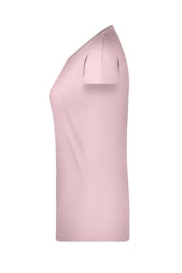 A pink ladies' casual T-shirt with short sleeves, featuring a simple design and a branding logo.