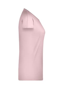 A light pink ladies’ T-shirt featuring short sleeves and a fitted silhouette. The shirt has a small logo.