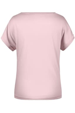 A pink casual T-shirt with a round neckline and short sleeves, featuring a simple design and no visible branding.