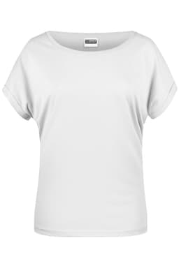A white women's T-shirt featuring a relaxed fit and rolled sleeves. The shirt has a label tag inside.