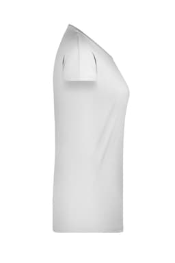 A white T-shirt with a fitted design and short sleeves, featuring a logo on the side.